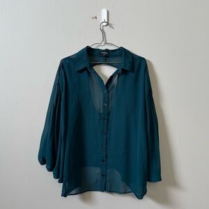 BEBE Teal blue button front open back sheer oversized butterfly sleeve blouse